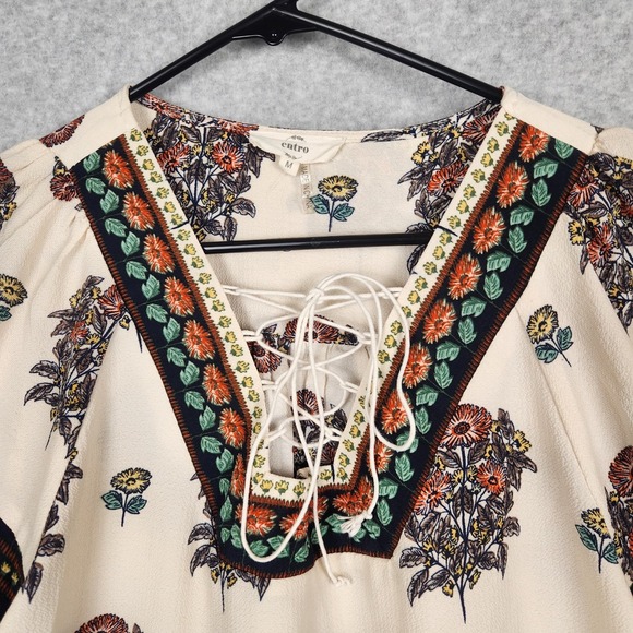 Entro Tunic Womens Medium Cream Multi Bell Sleeve Lace Up Pockets Boho Floral - Picture 7 of 11